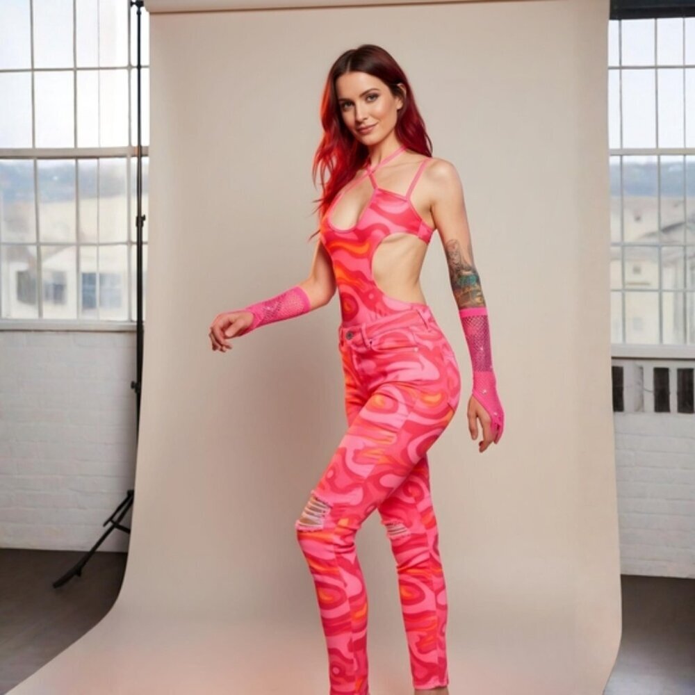 Ivy Berlin Dolls Kill Pink Lava Layla Cut Out Bodysuit Psychedelic Rave XL NWT - Picture 3 of 9